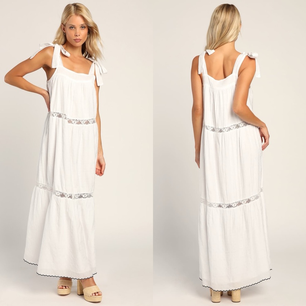 Lulus Angelic Essence White Lace Jacquard Tie-Strap Tiered Midi Dress